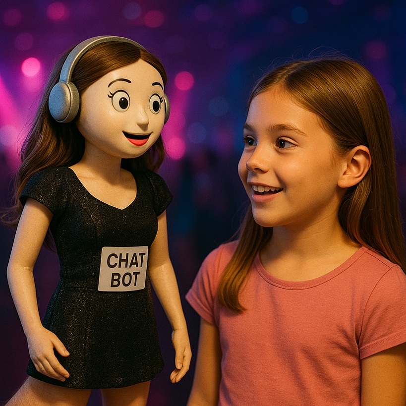 Girl smiling at a cartoon-like chatbot figure wearing headphones and a label reading CHAT BOT.