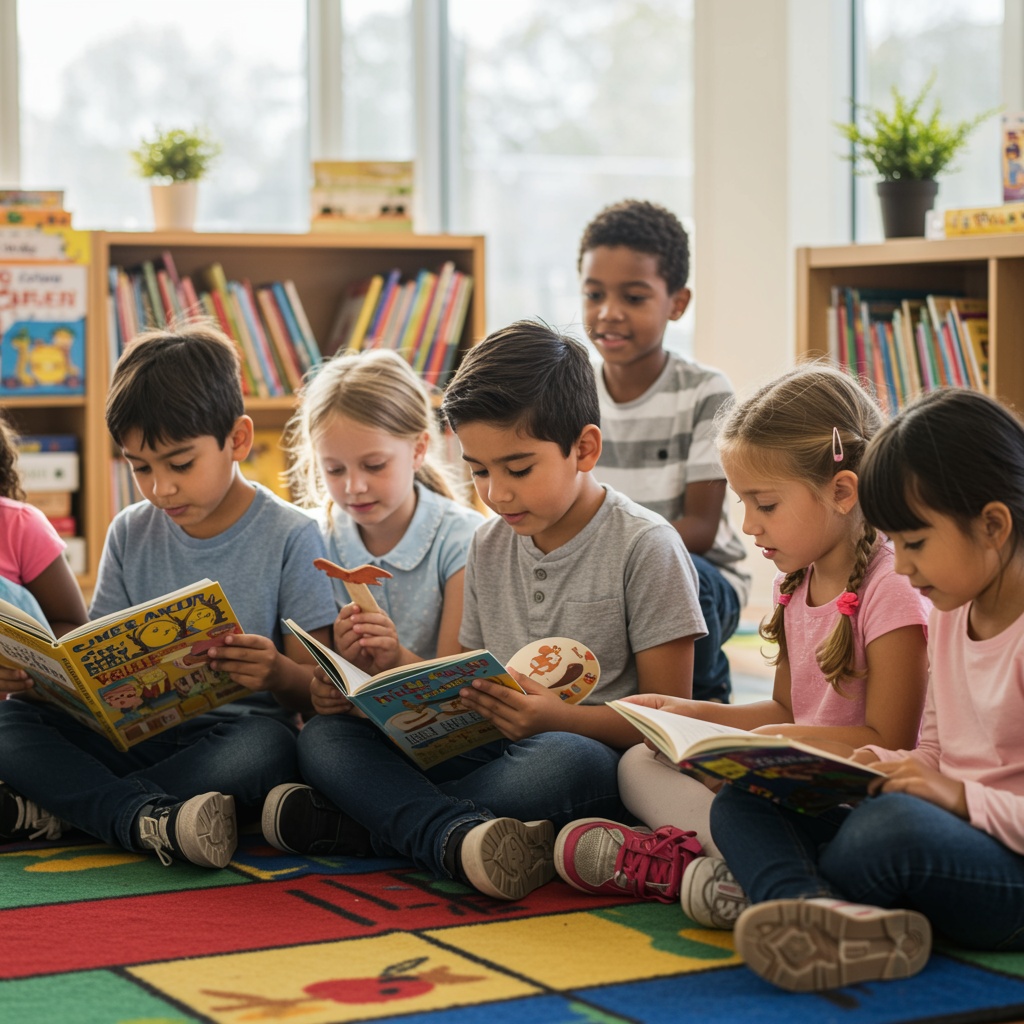 Children sitting on a colorful rug reading books near shelves and windows