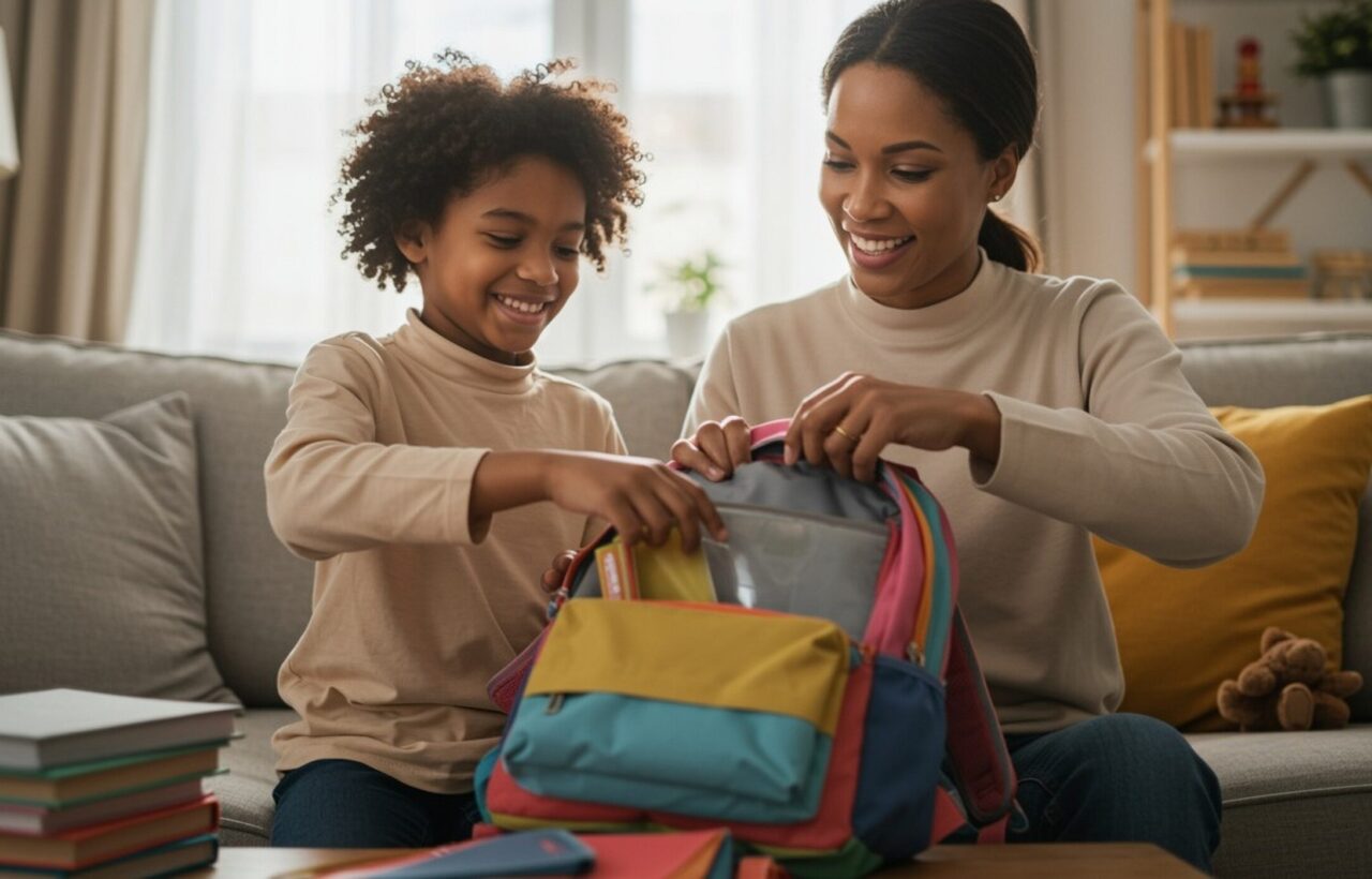 Adult and child smiling while packing a colorful backpack on a living room couch