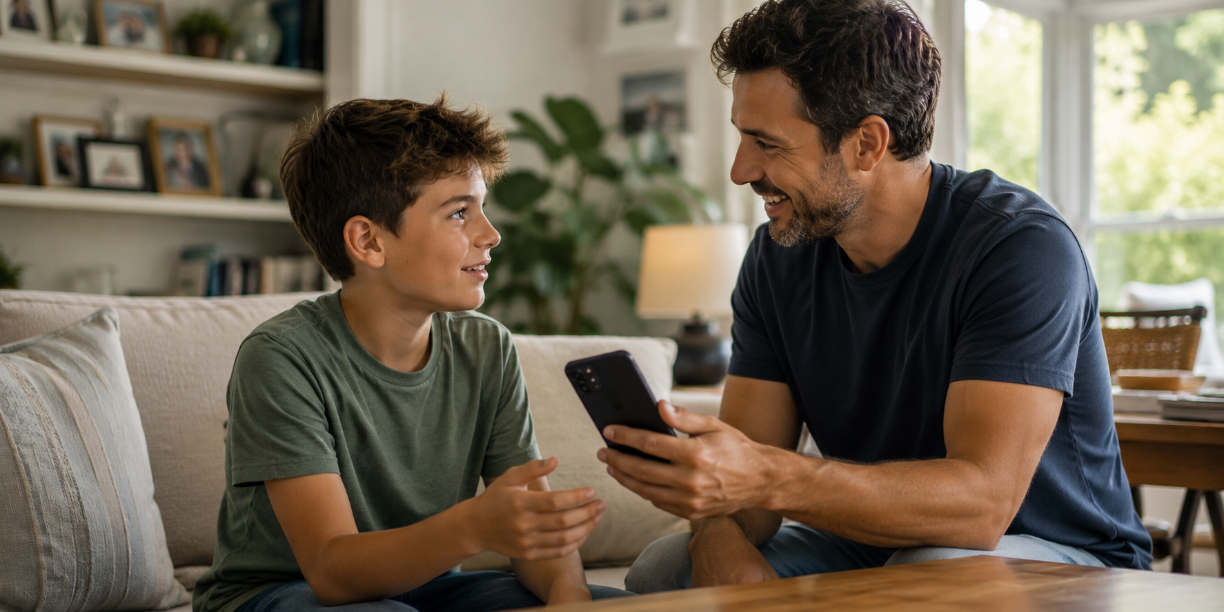 Adult man and boy sit on a sofa looking at each other while the man holds a smartphone.