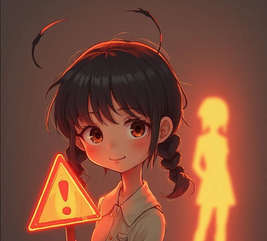Anime-style girl holding a glowing warning sign, with a bright silhouetted figure in the background.