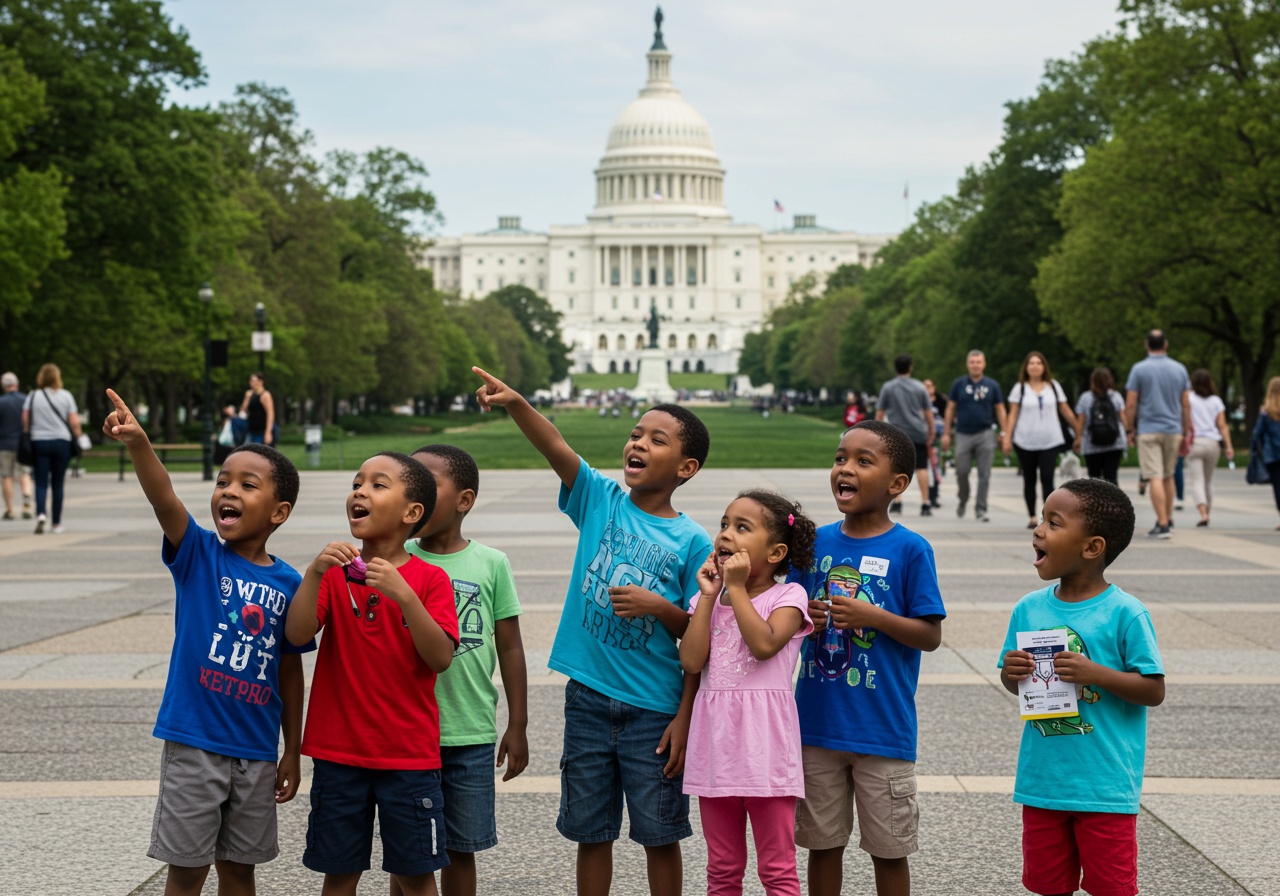 Children pointing and looking excited in front of a large domed building and tree-lined walkway.