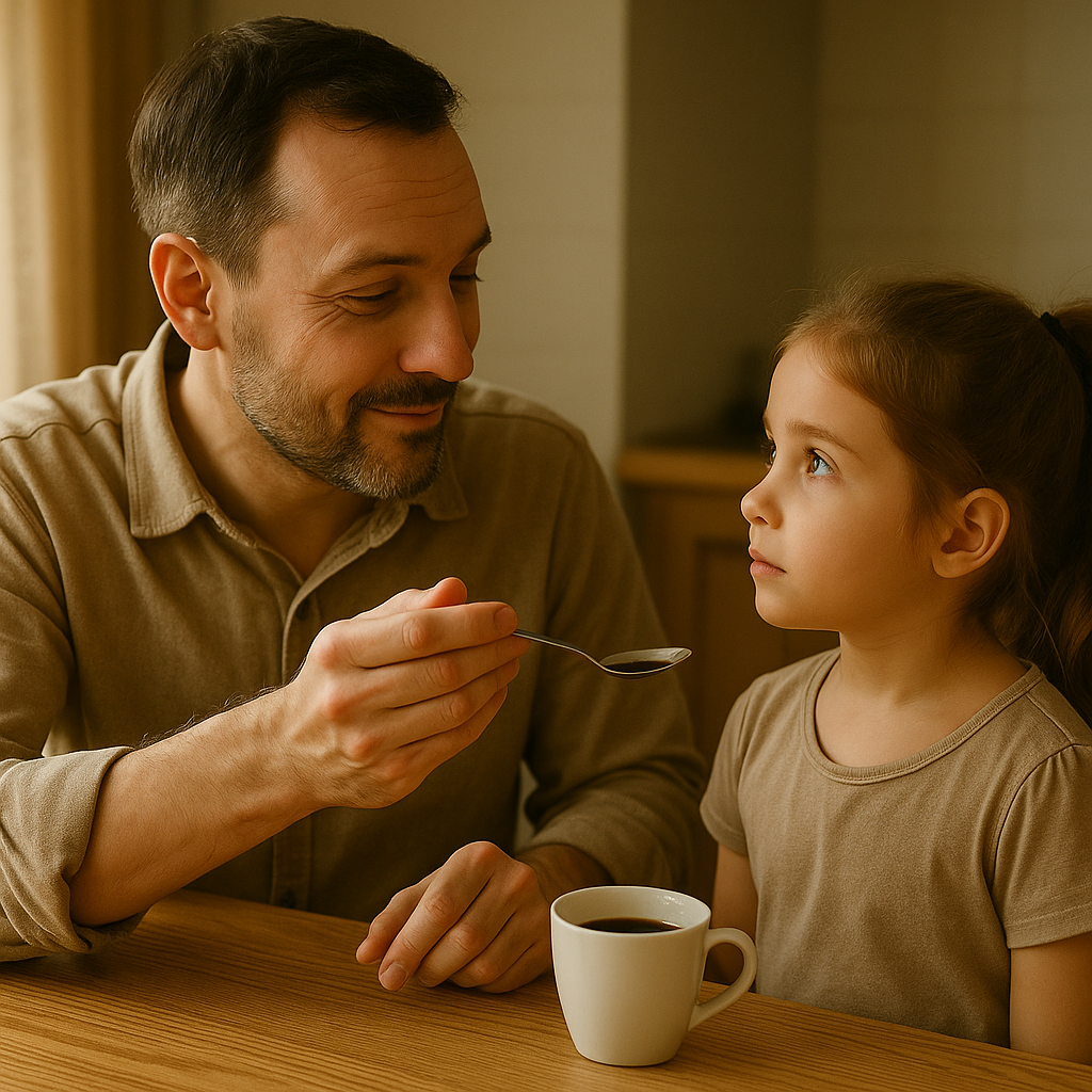 Man holding a spoon near a young girl beside a mug on a wooden table.