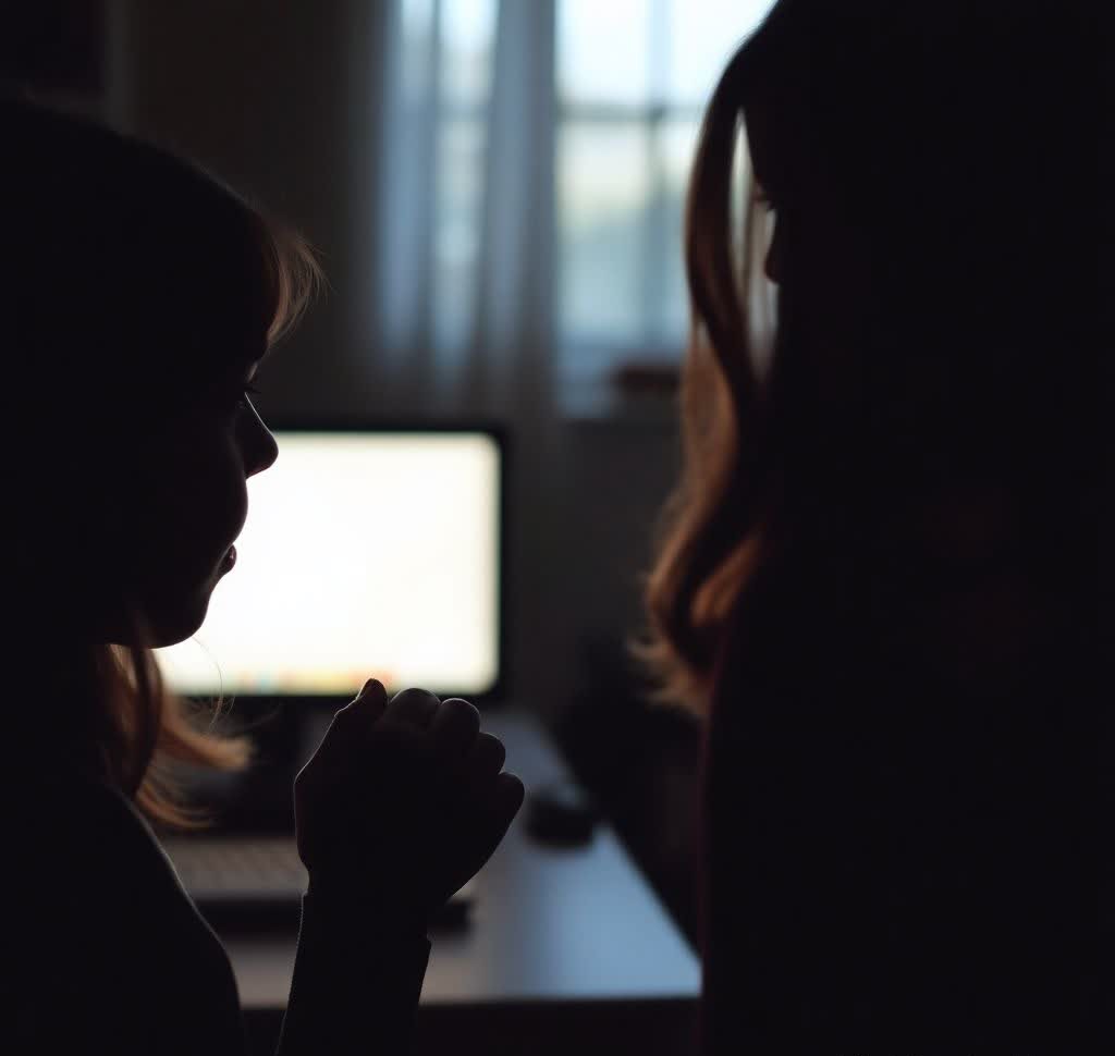 Two silhouetted people sit near a bright computer screen in a dim room.