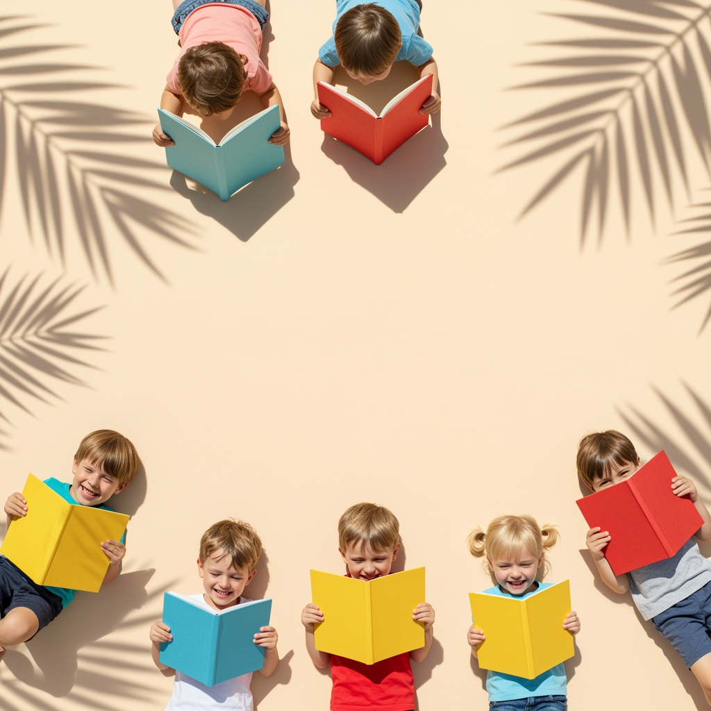 Children holding colorful books around an empty sandy center with palm leaf shadows
