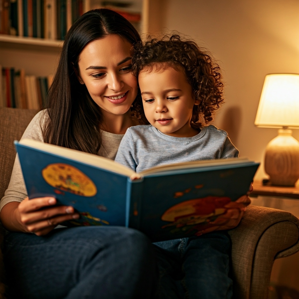 Woman and young child sitting together on an armchair reading an open book by warm lamplight.
