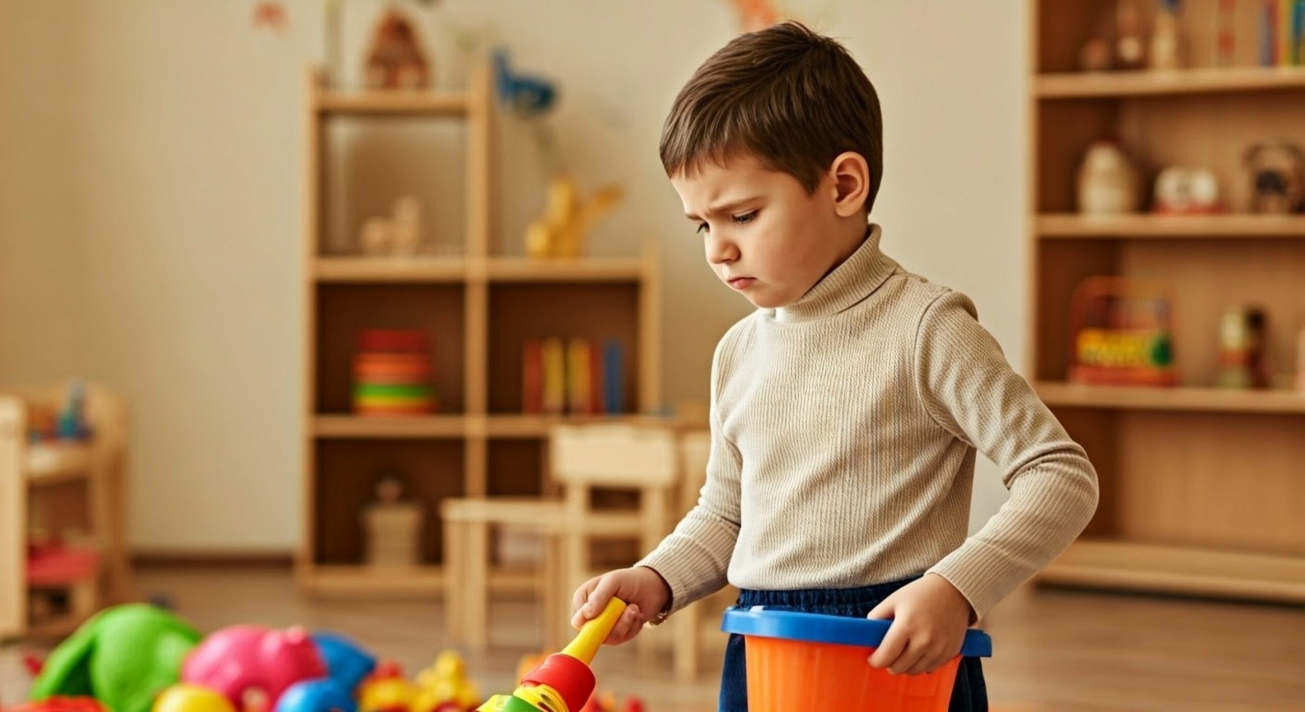Young child holding an orange bucket and toy shovel among scattered toys in a playroom.