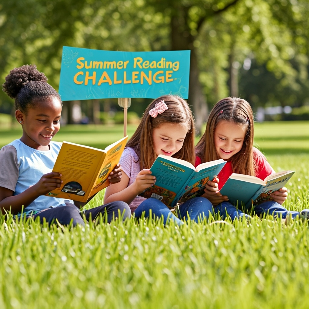 Three children sit in grass reading books beneath a sign that says Summer Reading Challenge.