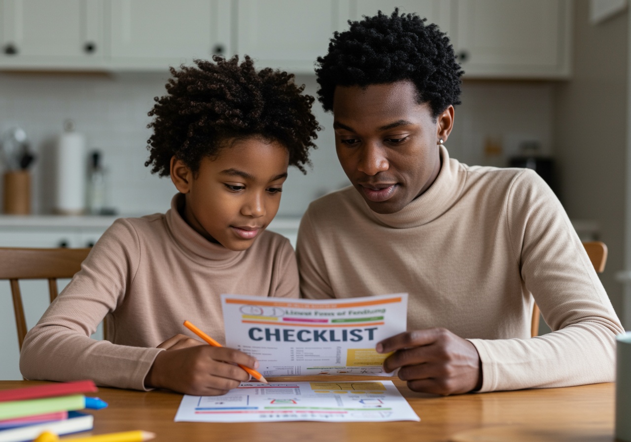 Adult and child at a kitchen table review a worksheet labeled CHECKLIST while the child holds a pencil.