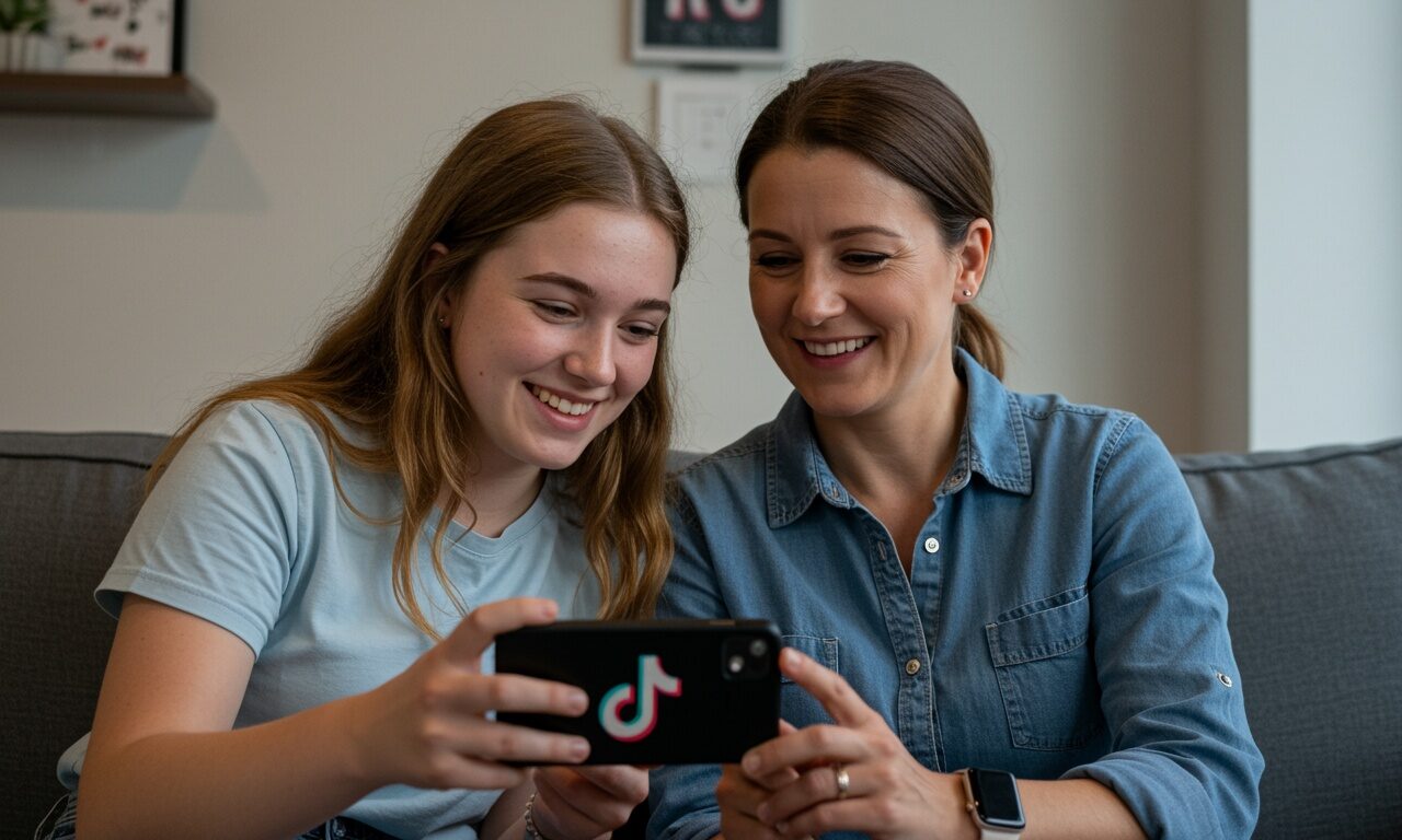Young person and adult woman smiling at a phone with a TikTok logo while sitting on a couch.