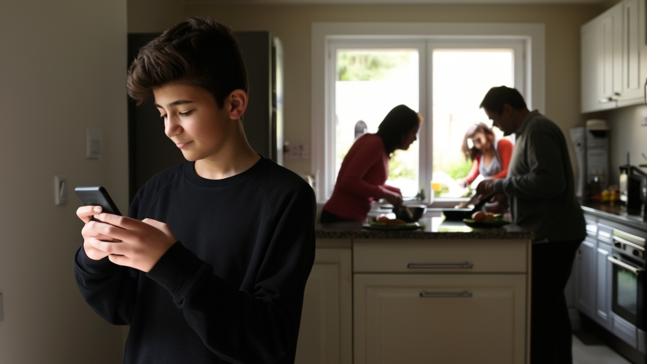 Young person looking at a phone in a kitchen while others prepare food in the background.