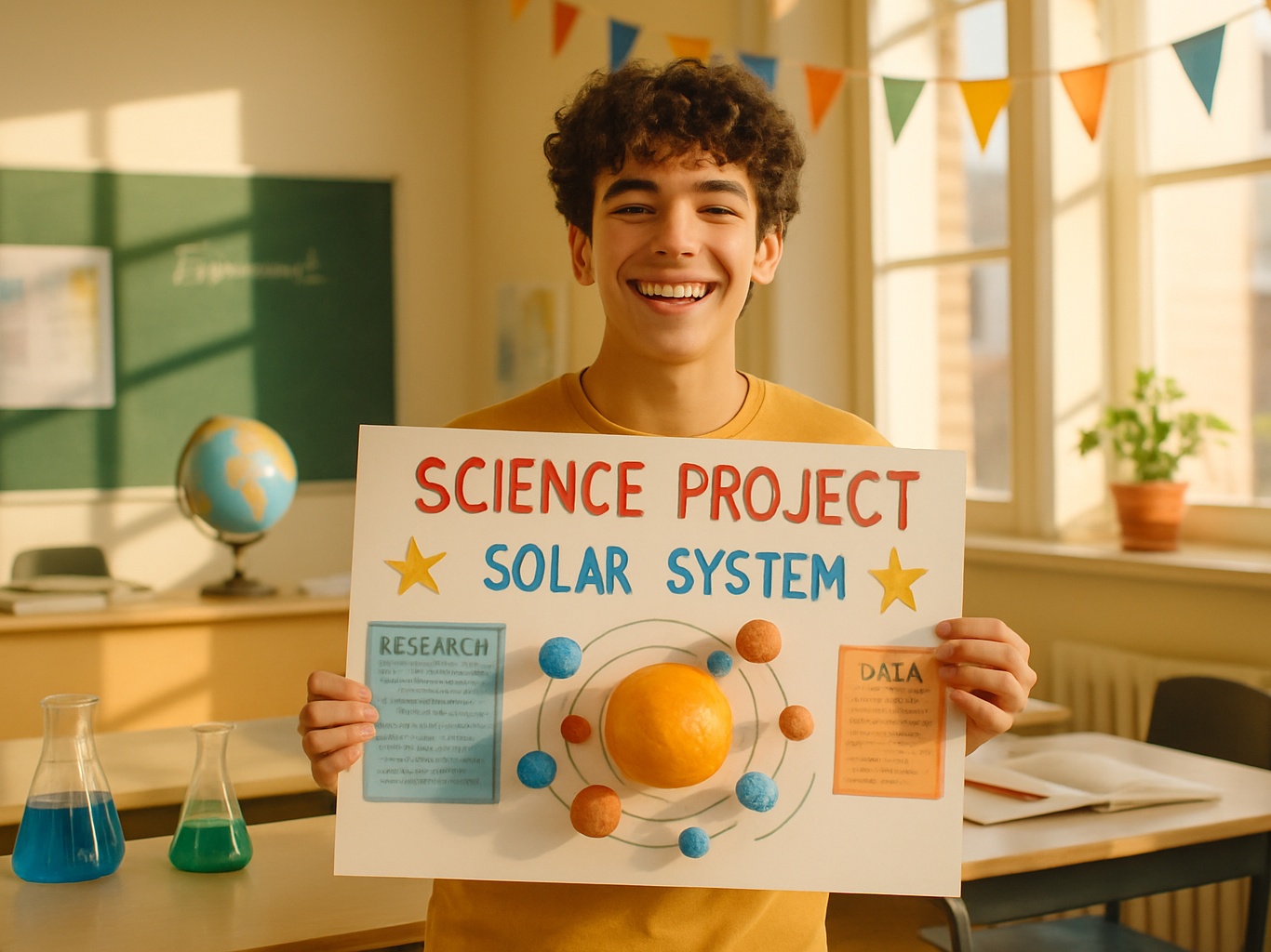 Smiling student holding a solar system science project poster in a classroom.