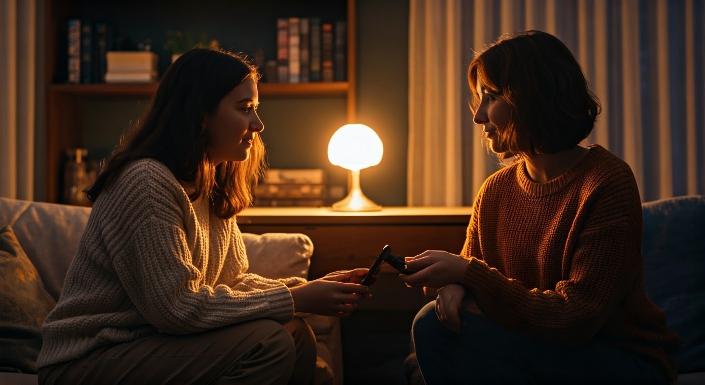 Two people sit facing each other on a sofa, holding a phone in warm lamplight.