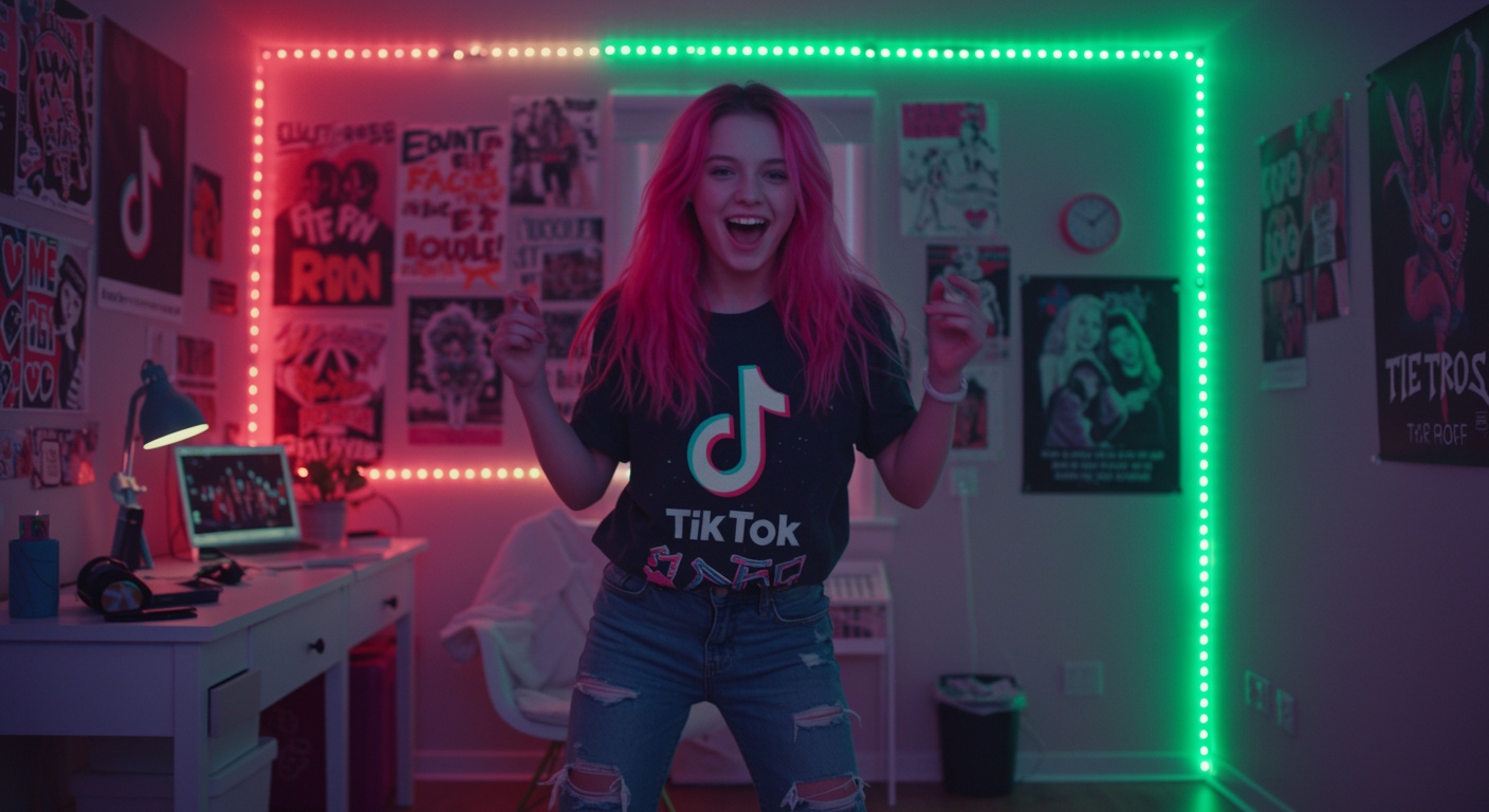 Young person in a TikTok shirt standing in a neon-lit bedroom with posters and red and green LED lights.