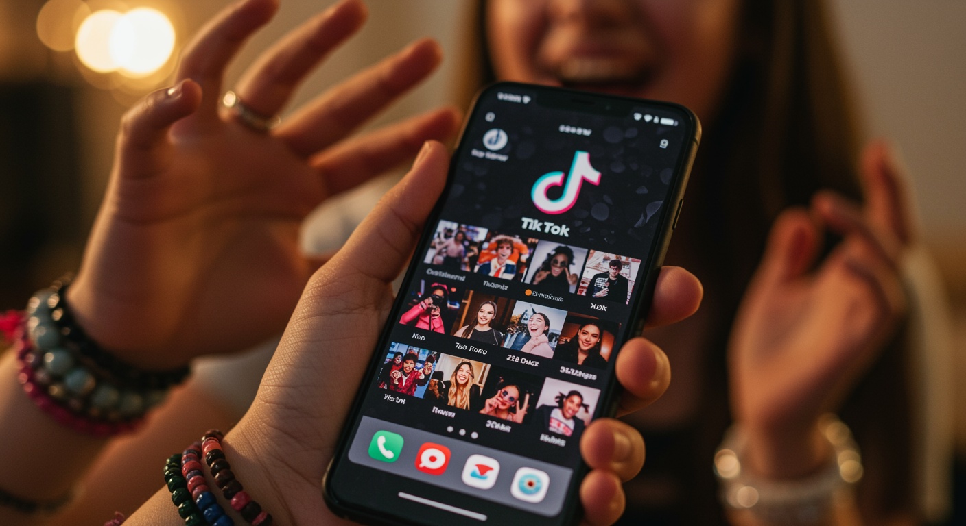 Hand holding a smartphone showing the TikTok logo and profile grid while a blurred person gestures behind it.