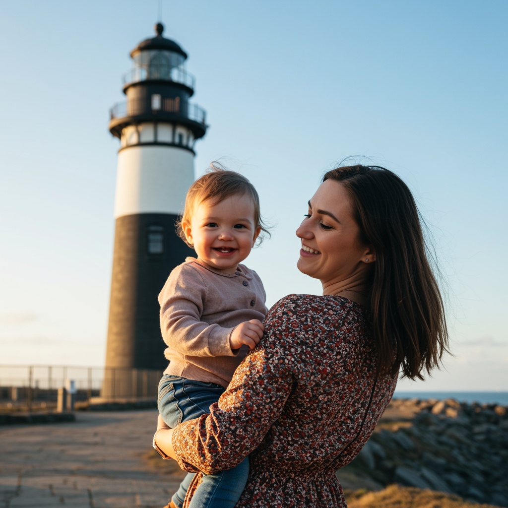 Woman holding a smiling young child near a lighthouse at sunset