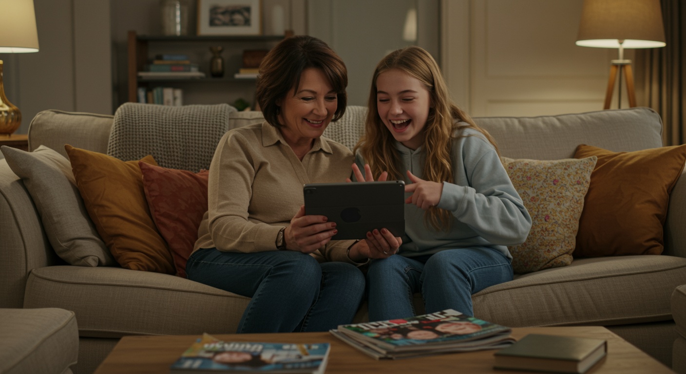 Woman and teen sitting on a couch smiling while looking at a tablet together