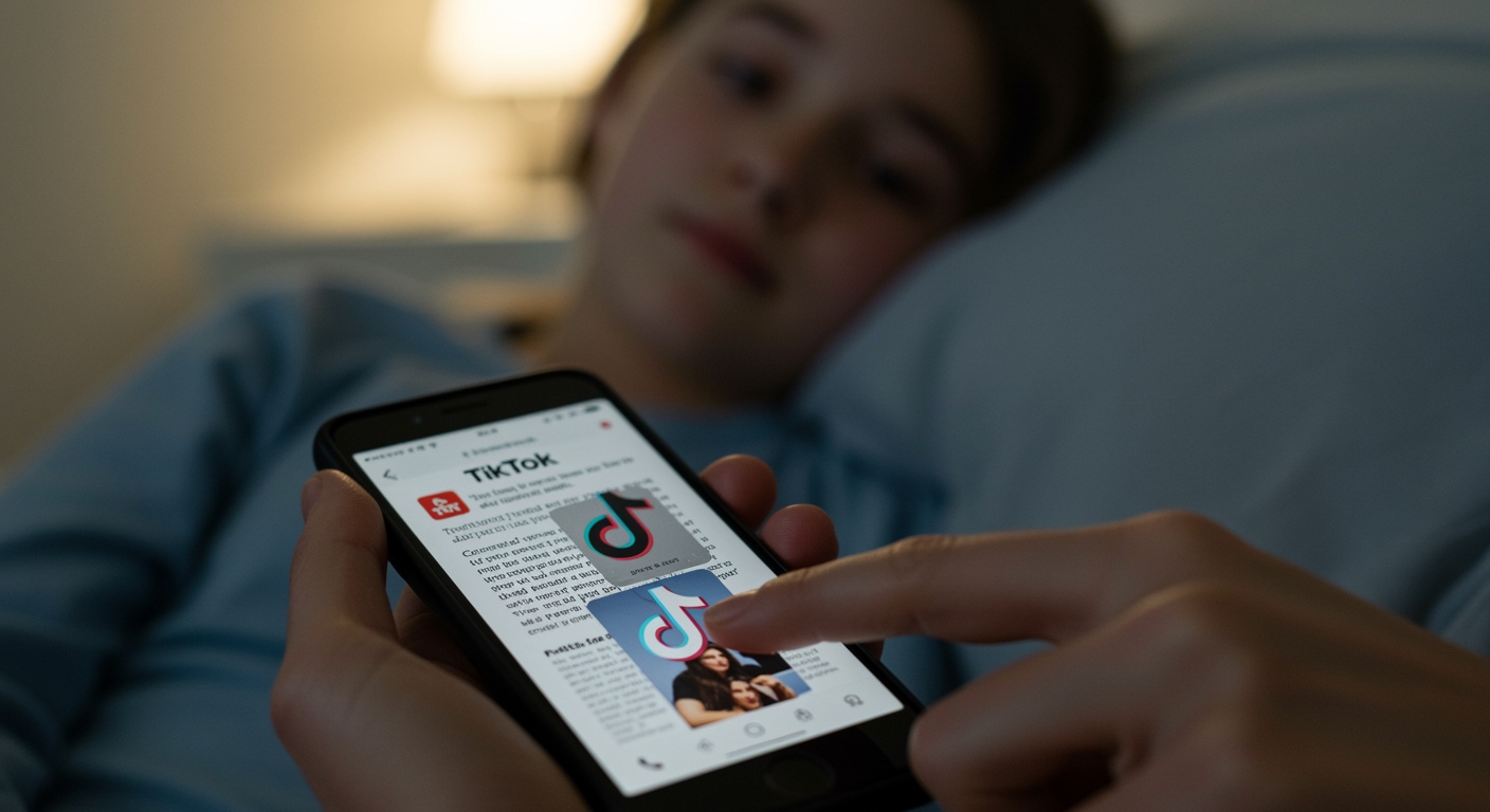 Young person lying in bed using a phone showing the TikTok name and logo.