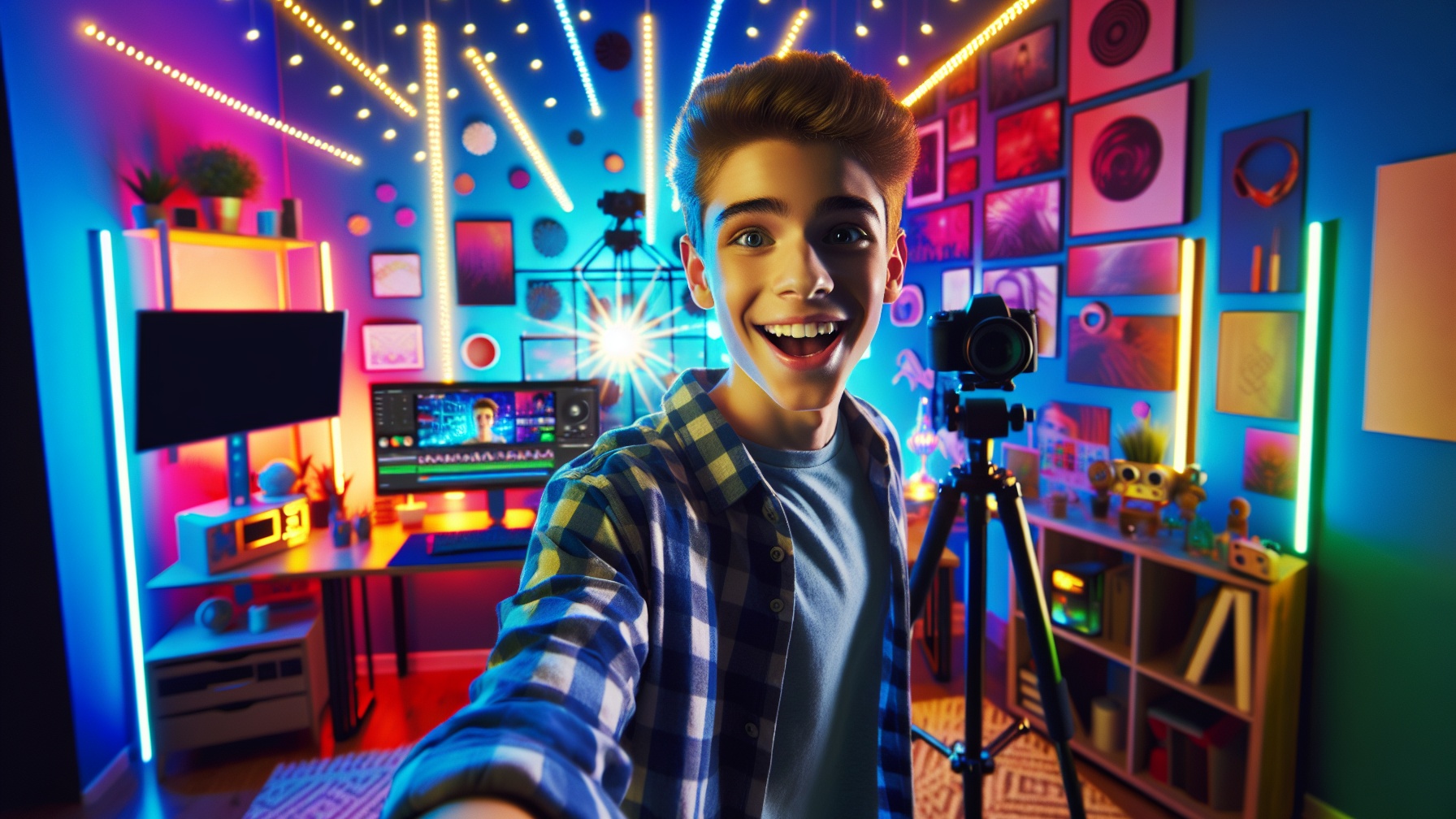 Smiling young person taking a selfie in a brightly lit room with a camera, monitors, and colorful wall lights.