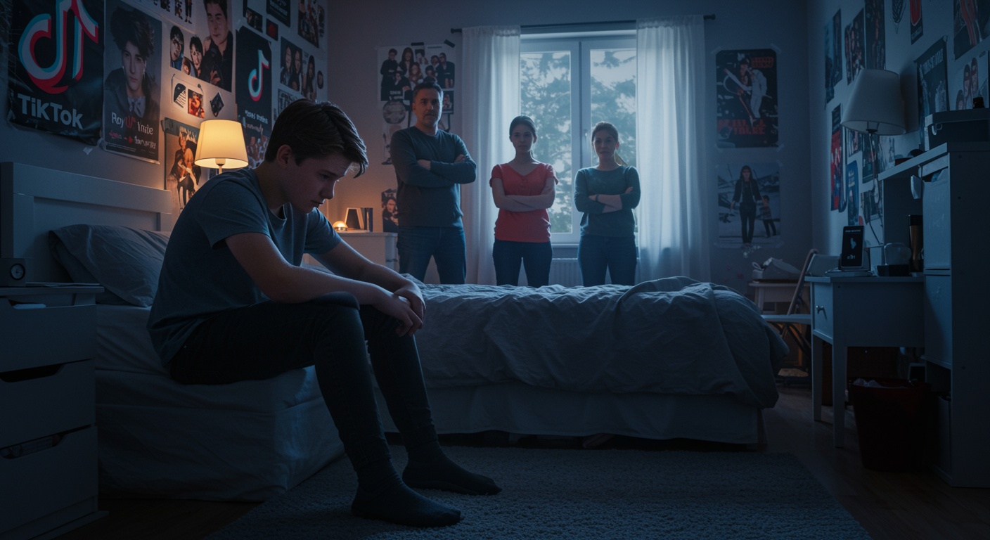 Young person sits on a bed while three people stand nearby in a poster-covered bedroom with TikTok text on the wall.