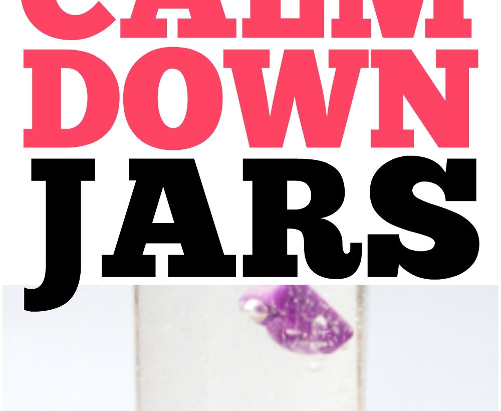 Collage showing glitter bottles, a star bottle, colorful beads, and the text "11 ultimate calm down jars"