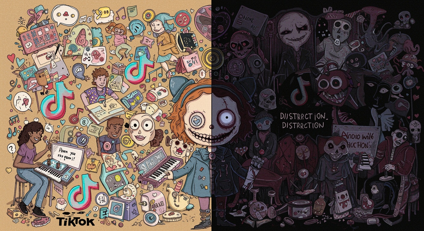 Split cartoon collage with TikTok logos, teens and devices on a bright side, eerie figures on a dark side.