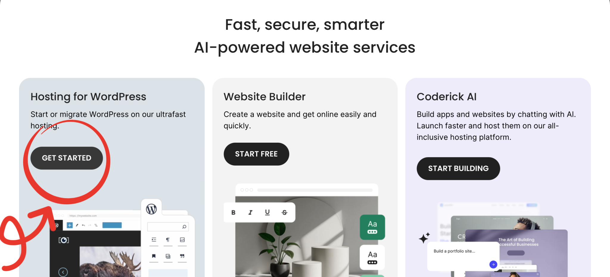Website services page with three cards and a red arrow circling the GET STARTED button.
