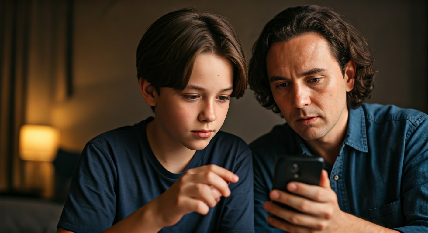 Teen and adult look closely at a smartphone in a dim indoor room.
