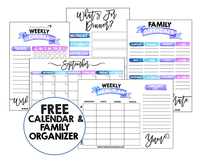 Printable calendar and family organizer pages with chores, meal plan, birthdays, and grocery list templates.