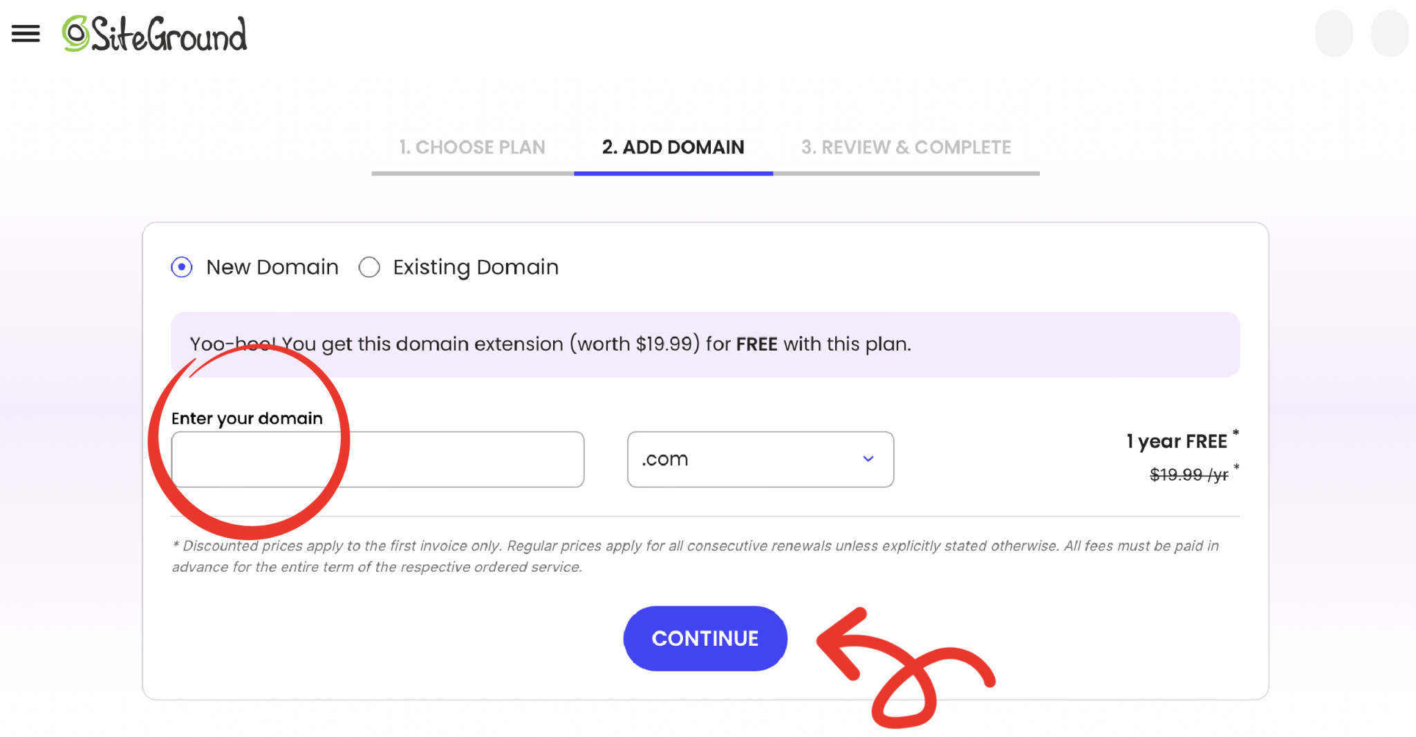 SiteGround add domain checkout screen with domain field circled and continue button marked by red arrow