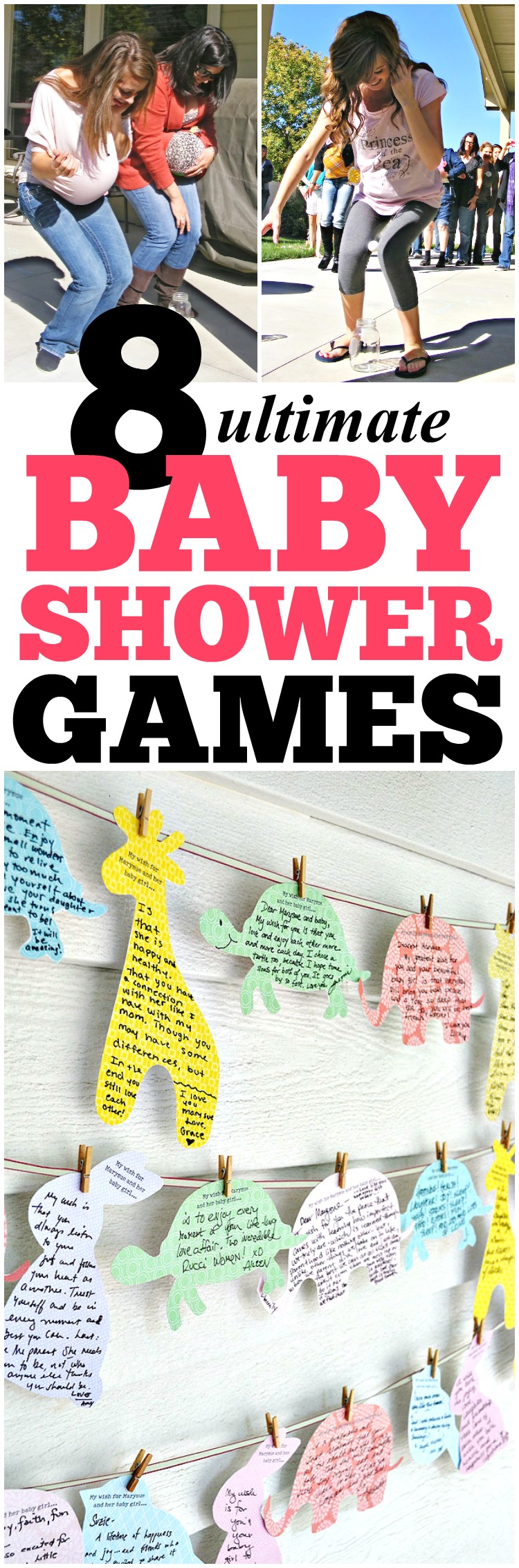 Collage labeled "8 ultimate BABY SHOWER GAMES" with game photos and animal-shaped note cards on strings.
