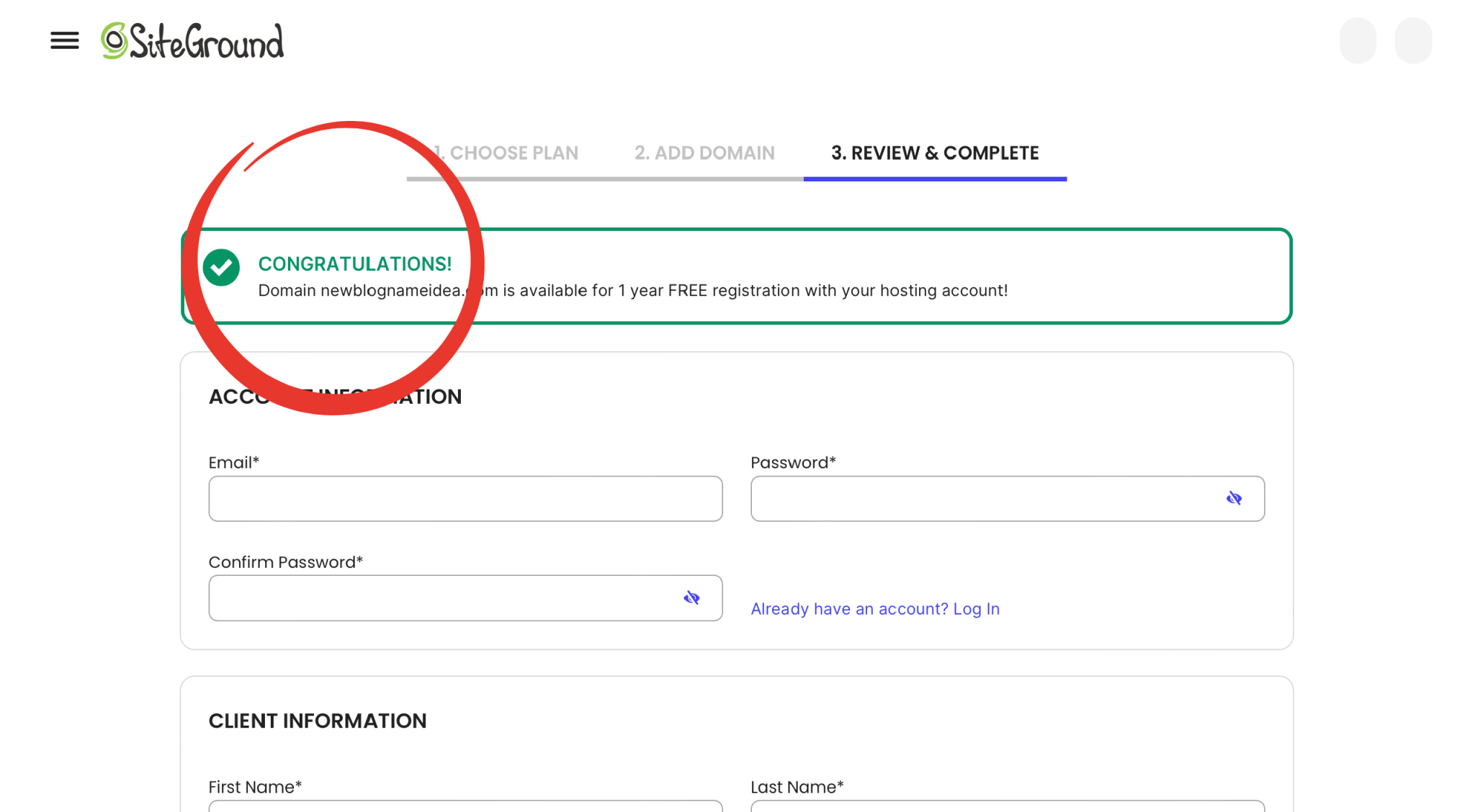 SiteGround checkout review page with a red circle around a green congratulations domain availability message.