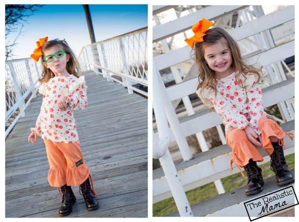 Young girl posing in a two-photo collage on a wooden bridge with an orange hair bow.