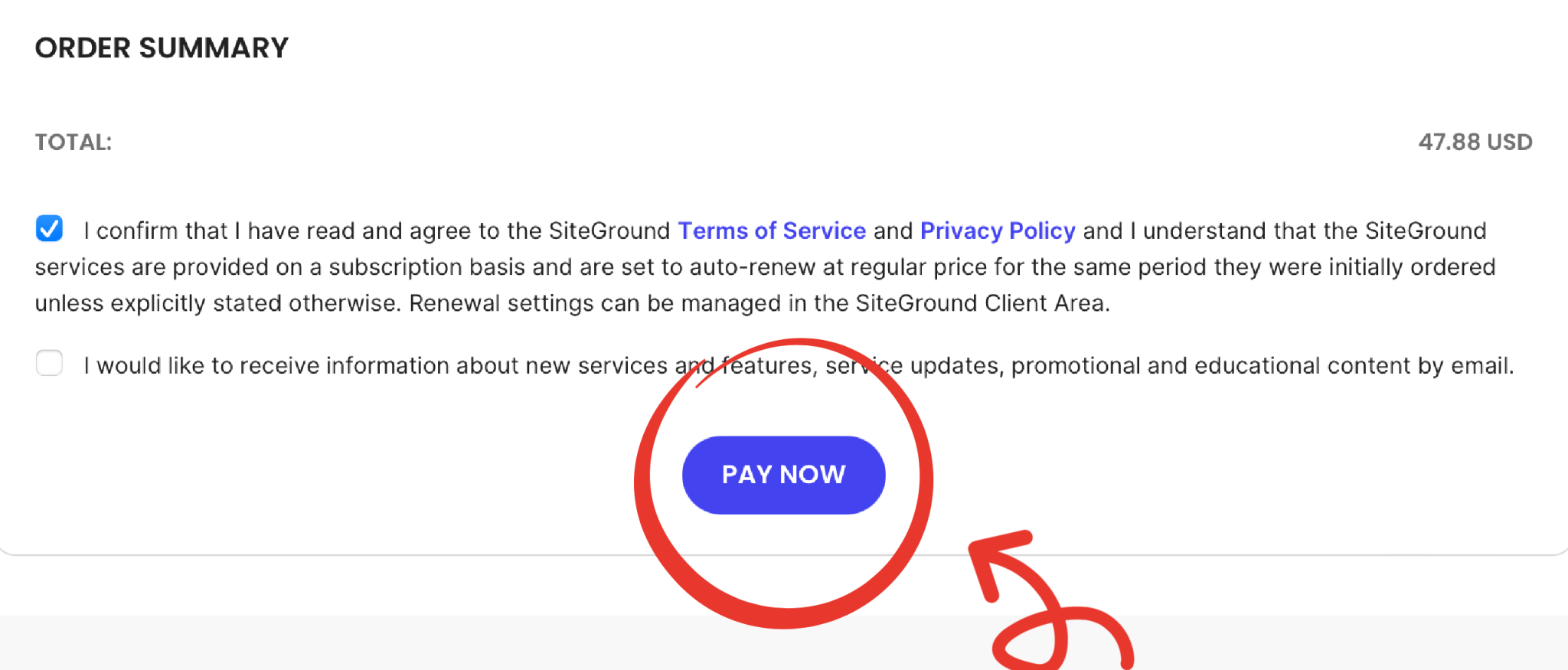 Order summary screen with total 47.88 USD and a circled PAY NOW button.