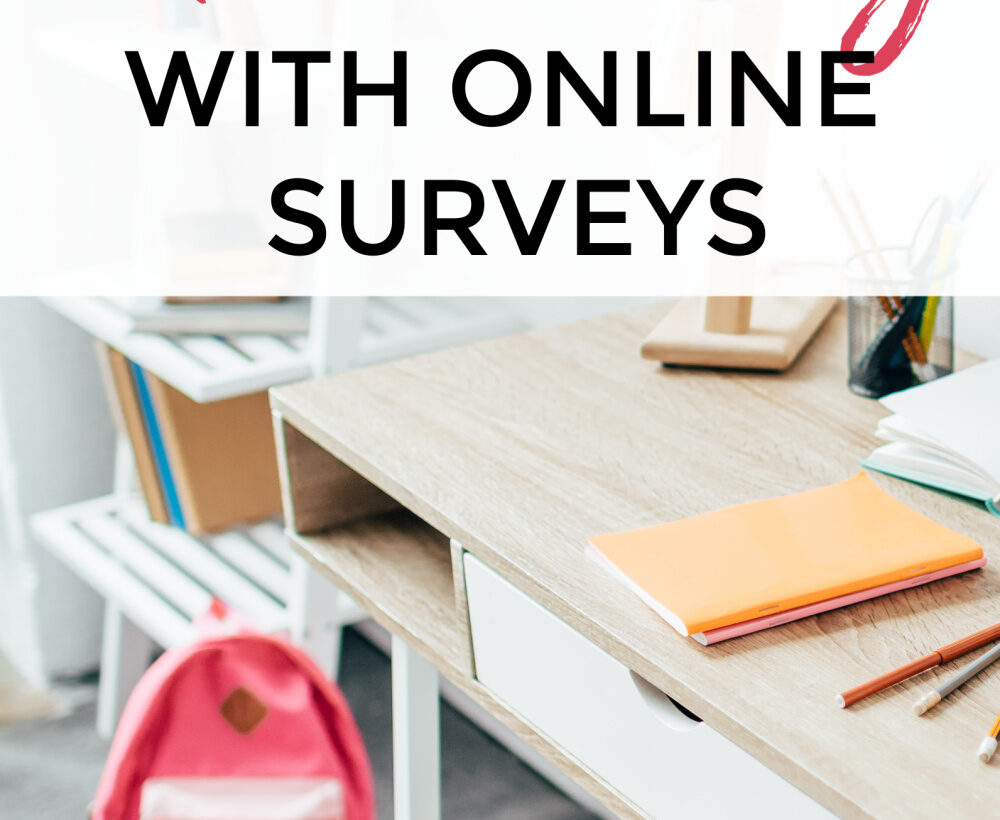 Bright desk scene with overlaid text: "How to make extra money with online surveys."