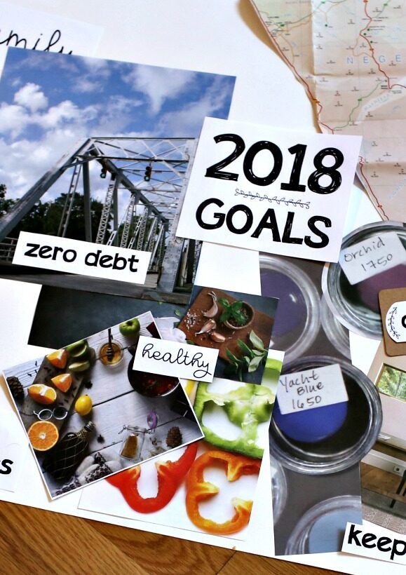 Vision board collage with photos, paint jars, a map, and text reading 2018 GOALS, zero debt, and healthy.