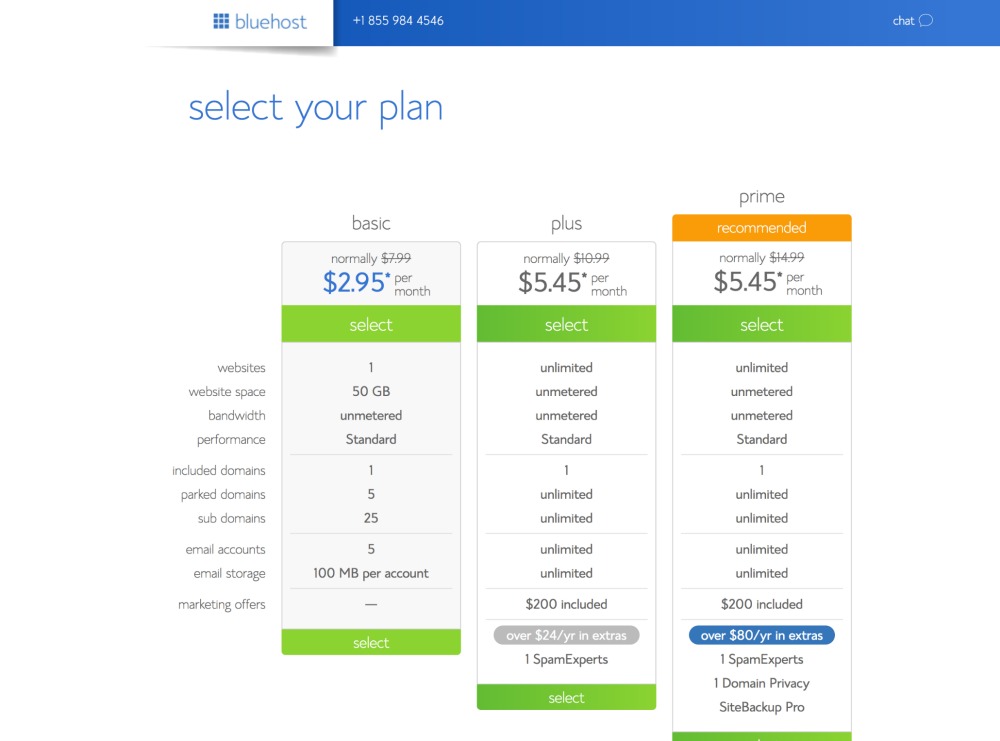 Bluehost pricing table with Basic, Plus, and Prime plan columns under the heading select your plan.