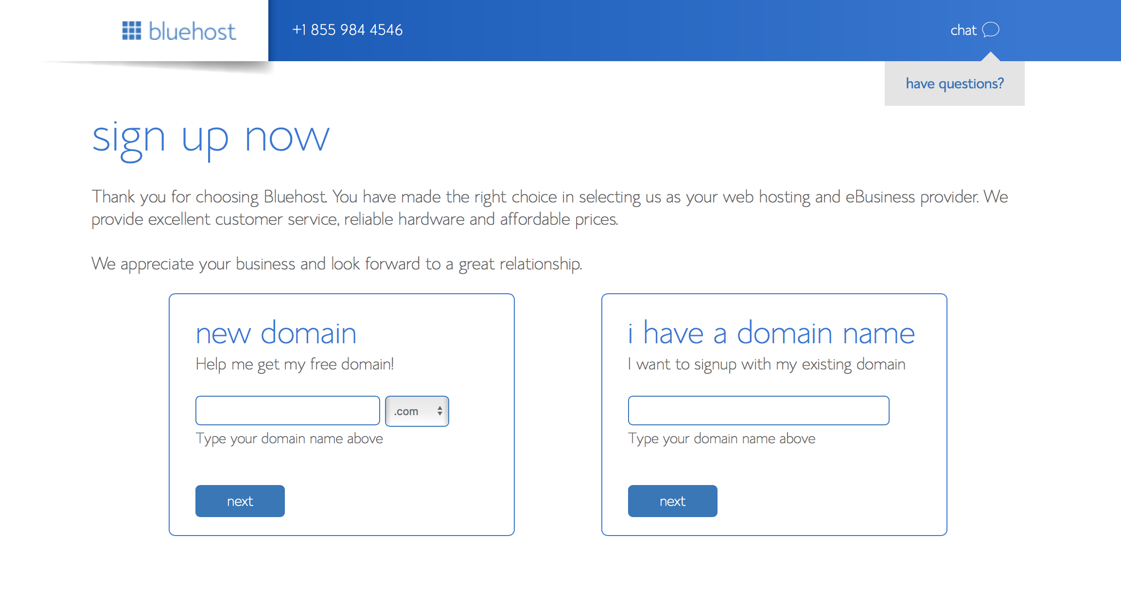 Bluehost sign-up page with new domain and existing domain entry options