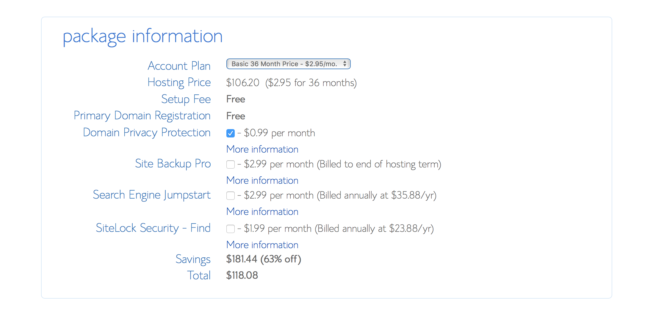 Package information form showing a 36-month hosting plan, add-on checkboxes, savings, and total price.