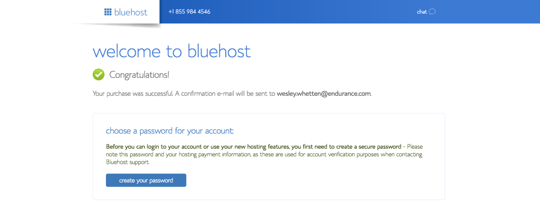 Bluehost confirmation page prompting the user to choose a password after a successful purchase.