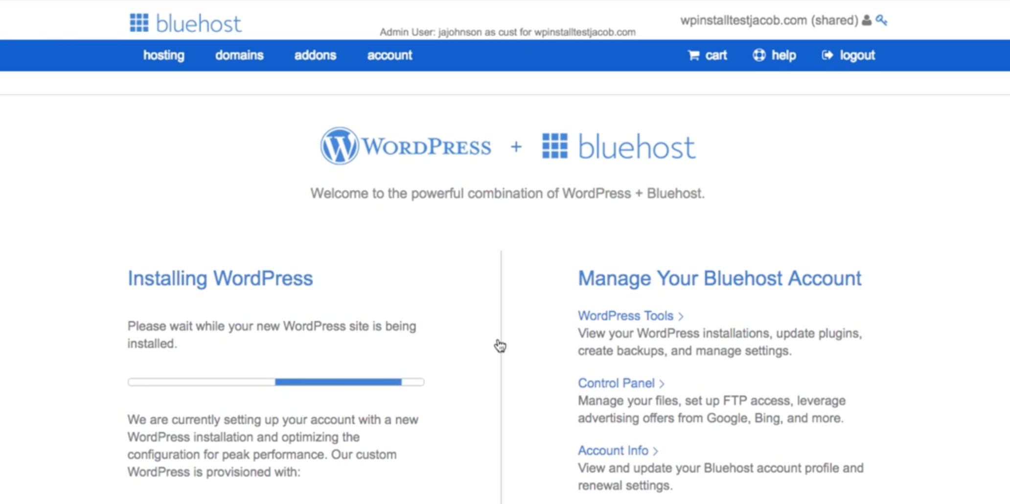 Bluehost page showing WordPress + Bluehost and an Installing WordPress progress bar beside account management links