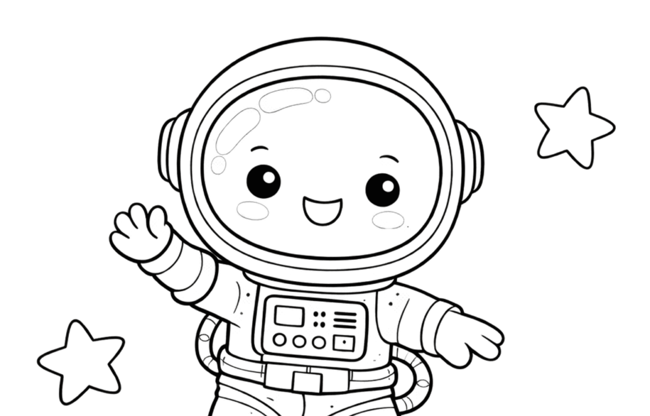 Cute black-and-white coloring page of a smiling astronaut with stars and a planet.