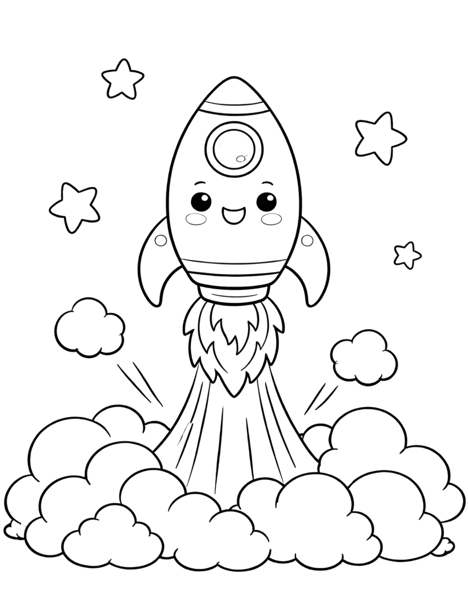 Black-and-white coloring page of a smiling rocket launching among stars and clouds.
