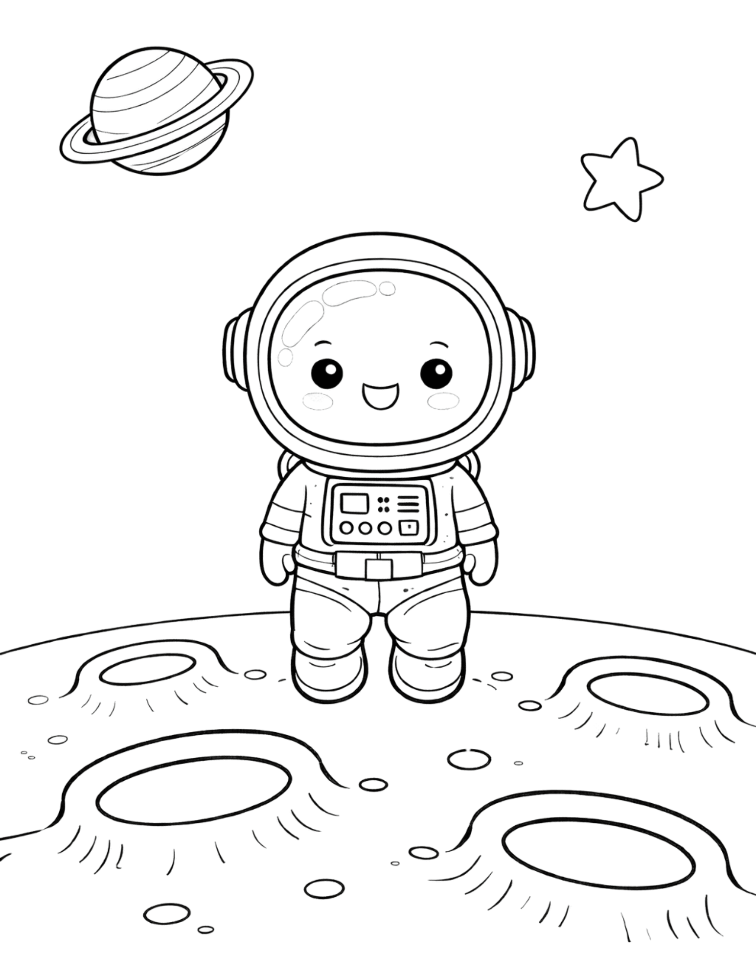 Cute astronaut coloring page with a ringed planet, star, and cratered moon surface.