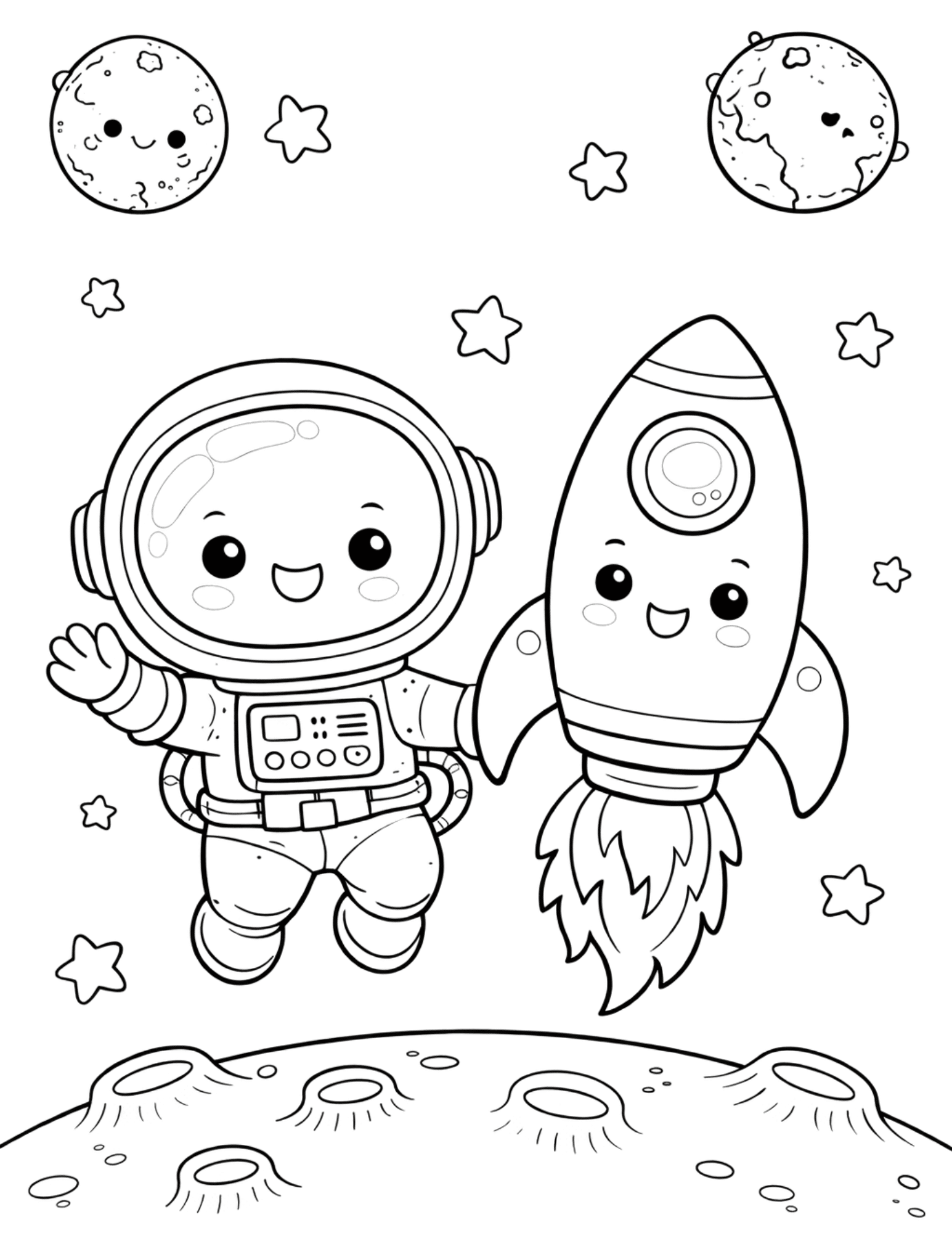 Black-and-white coloring page with a smiling astronaut, rocket, stars, planets, and a cratered moon surface.