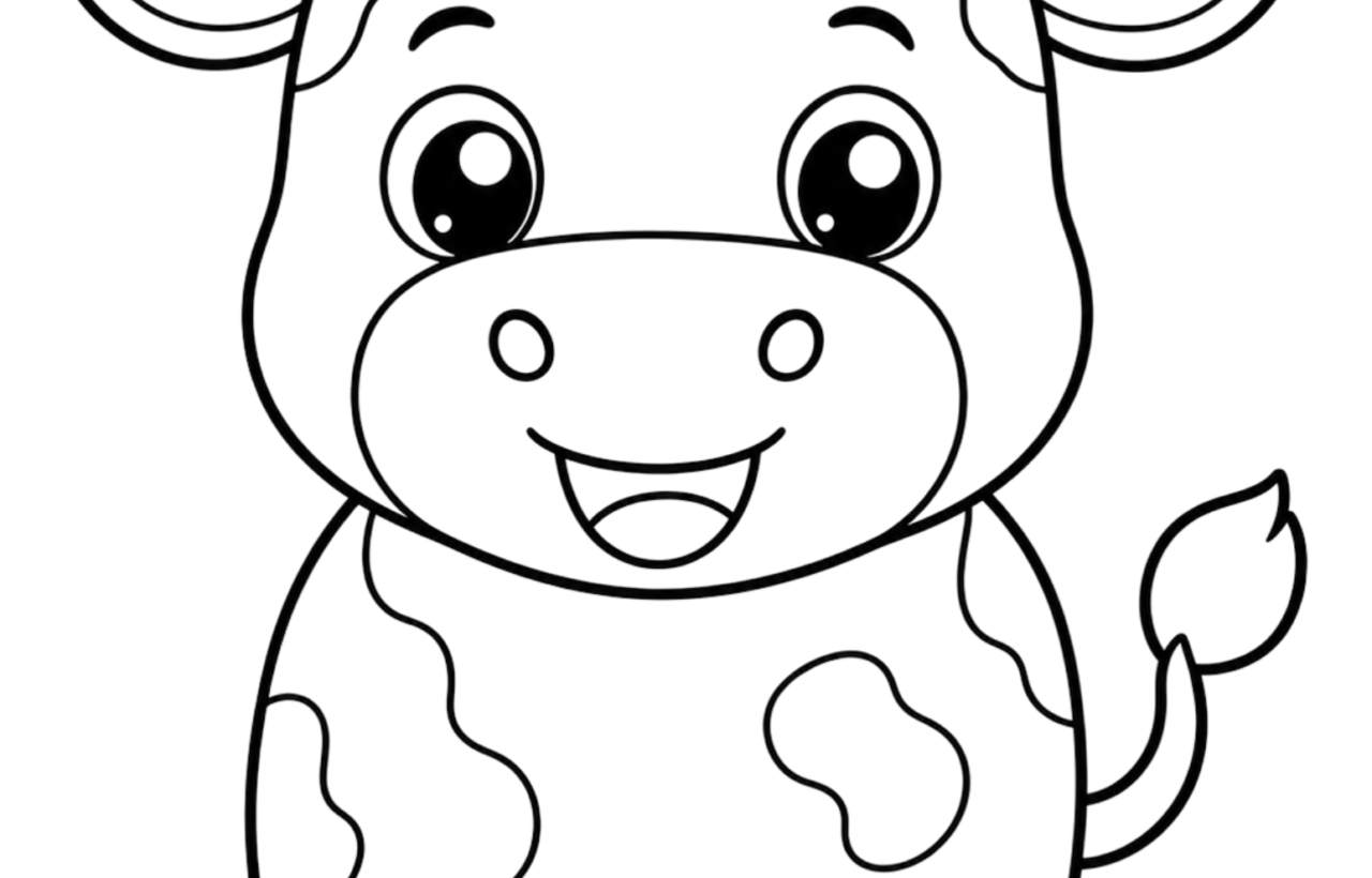 Cute cartoon cow coloring page with thick black outlines and large eyes on a white background.