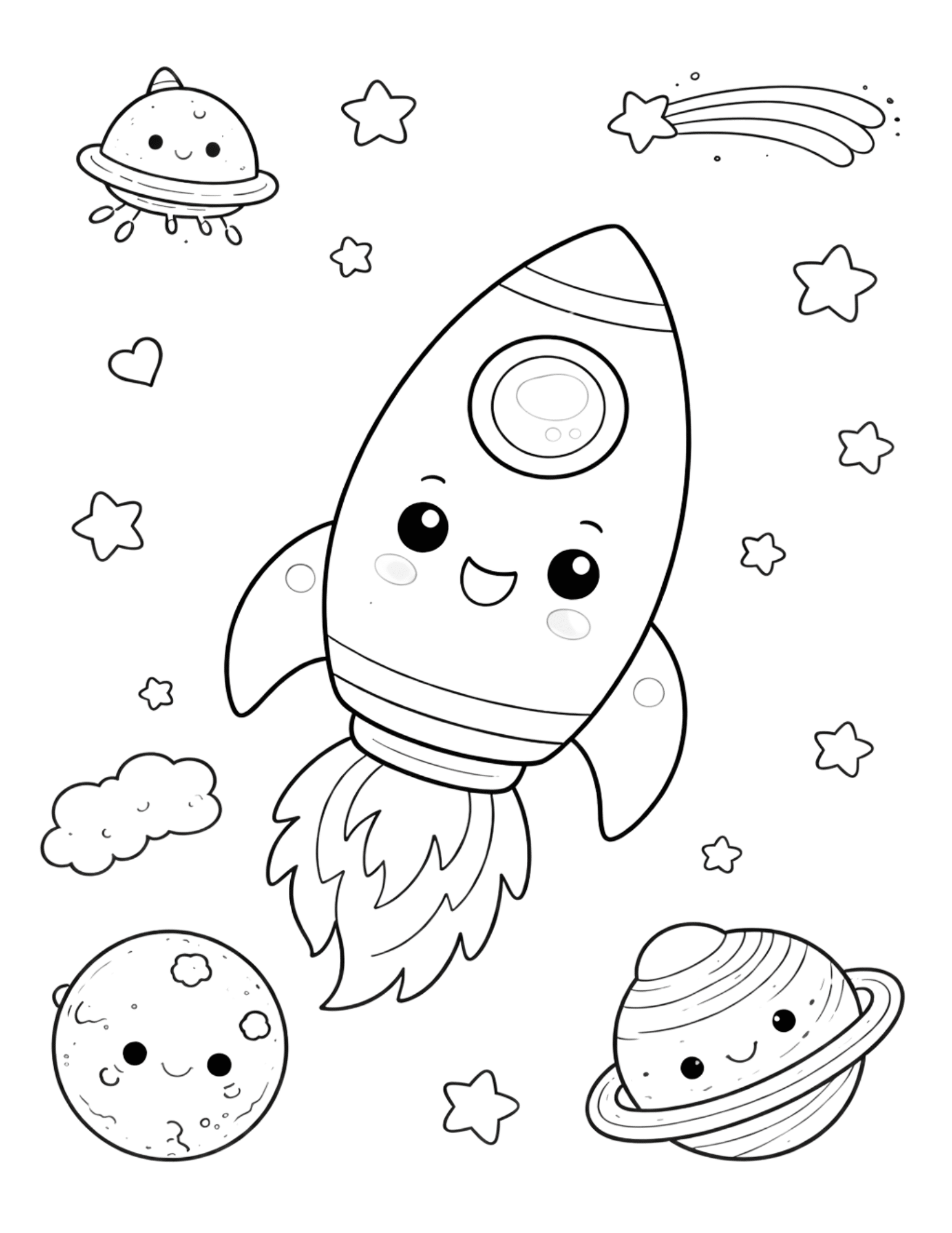 Black-and-white space coloring page with a smiling rocket, planets, stars, and a shooting star.