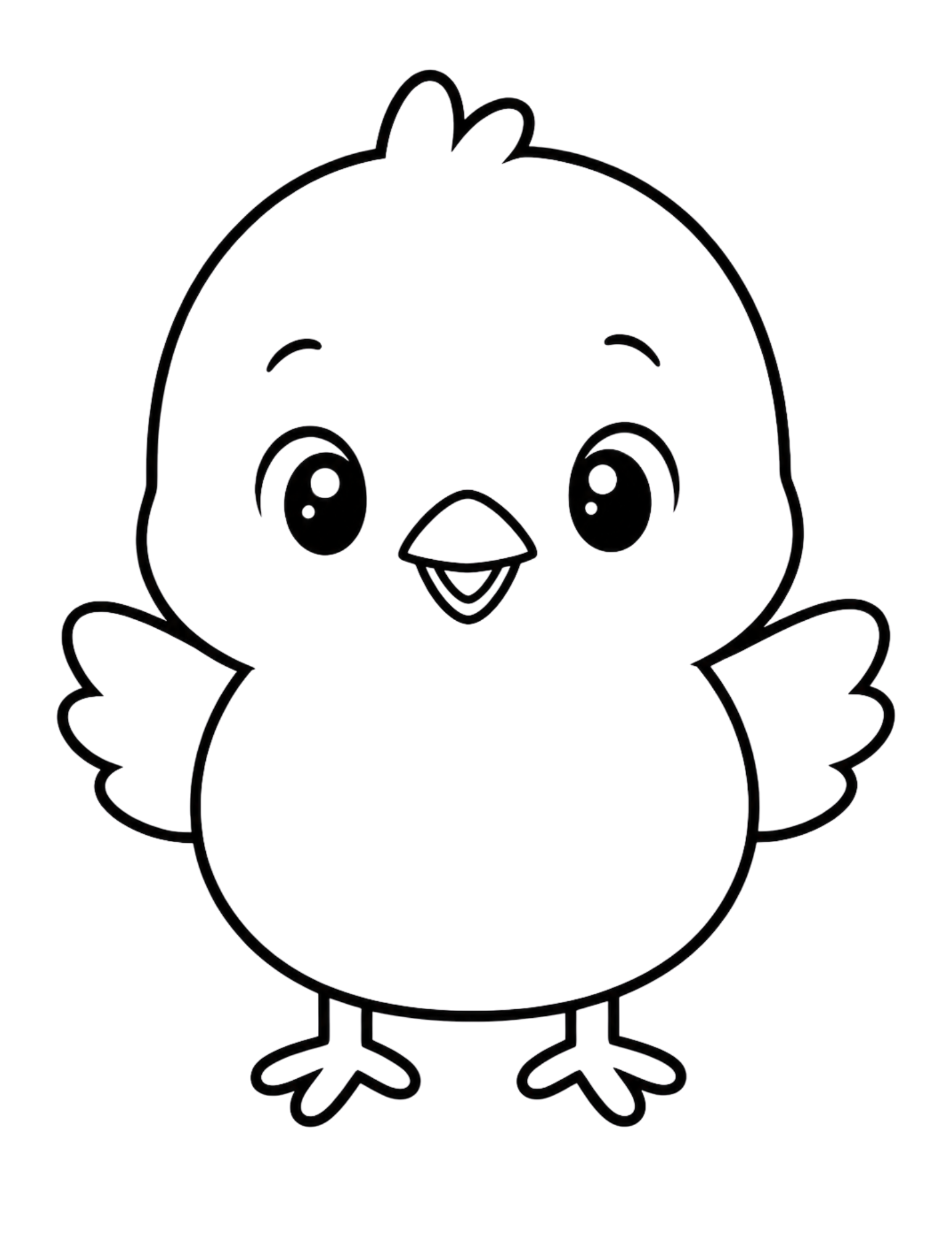 Black-and-white coloring page of a smiling cartoon chick with wings, feet, large eyes, and a small beak.