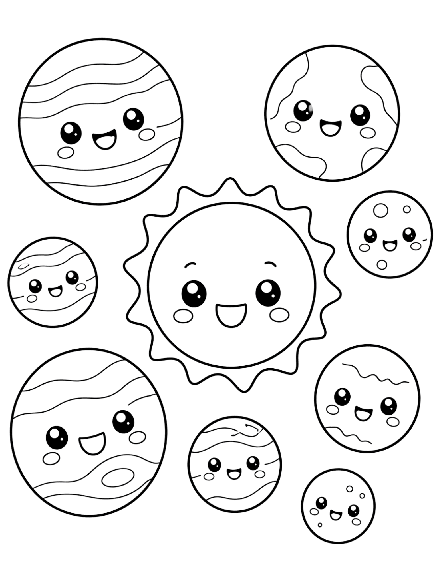 Black-and-white coloring page with a smiling sun surrounded by cute smiling planets.