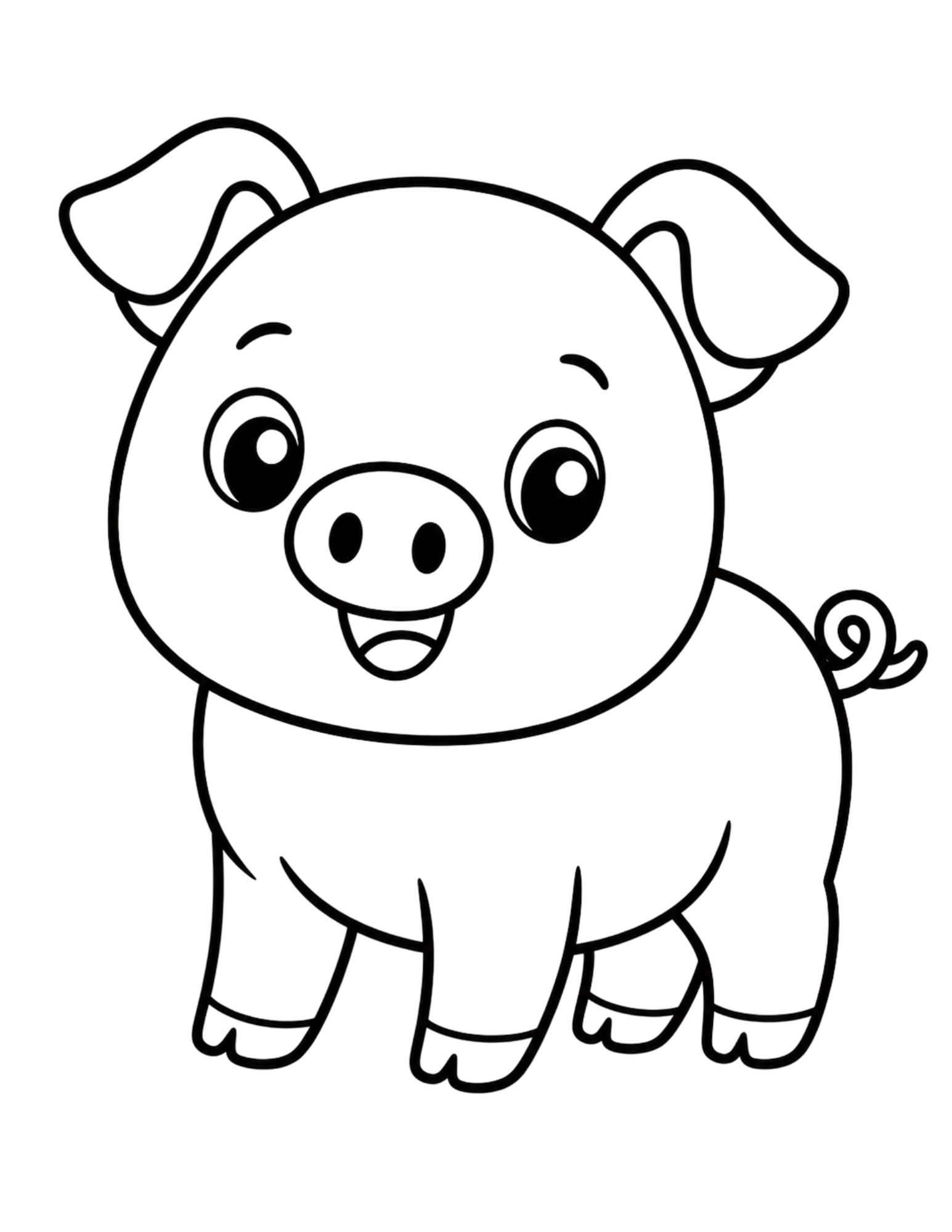 Black-and-white cartoon pig coloring page with big eyes, floppy ears, a round snout, and curly tail.
